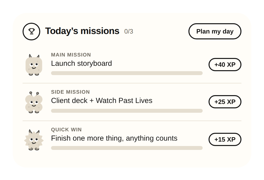 Today’s missions: main, side and quick win