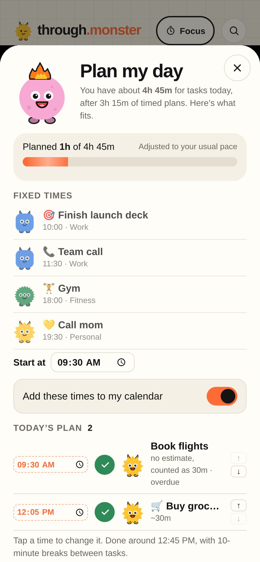 Plan my day: your fixed times, then a schedule for the rest with editable start times