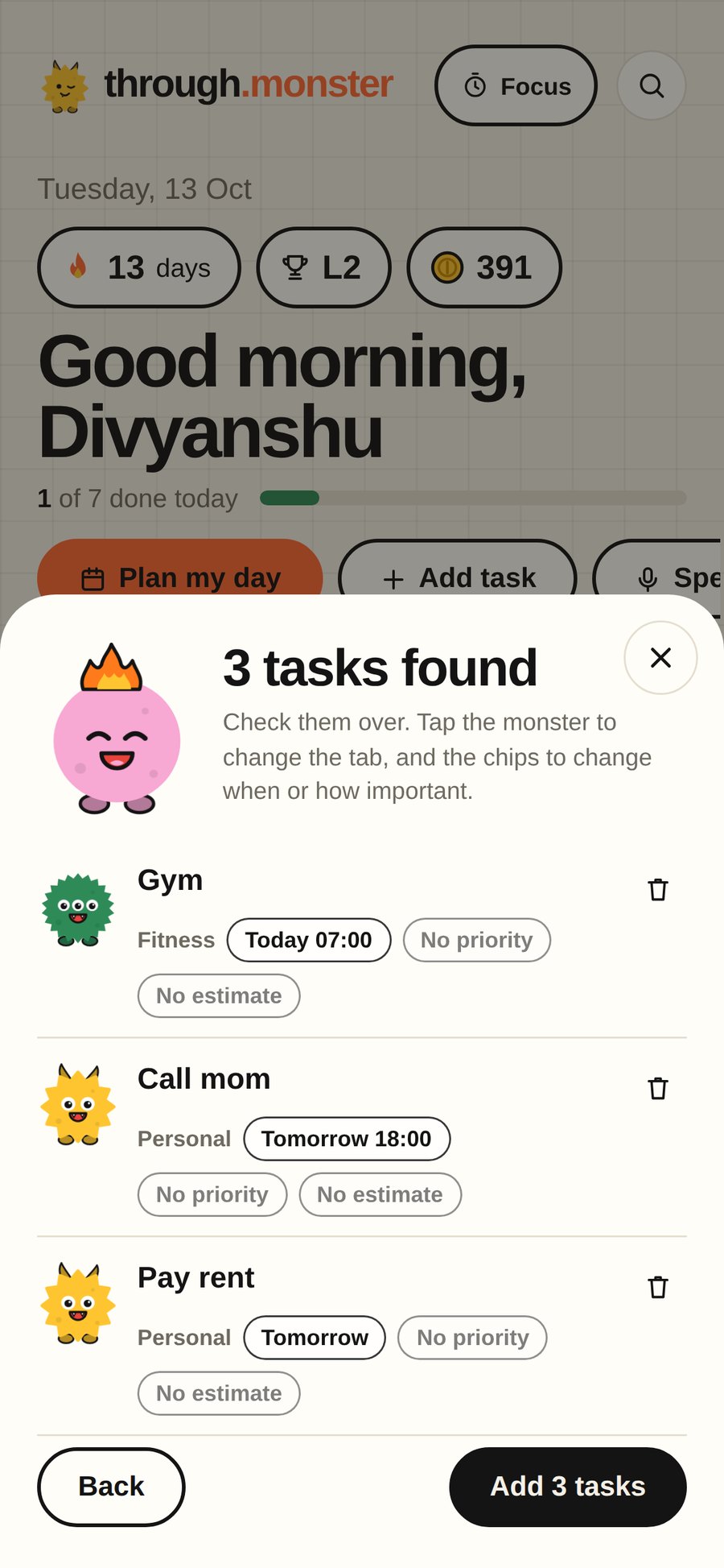 3 tasks found: Gym, Call mom, Pay rent
