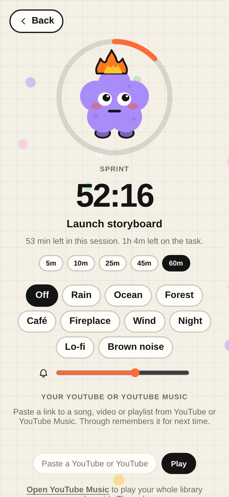 A Pomodoro countdown with the buddy inside a progress ring