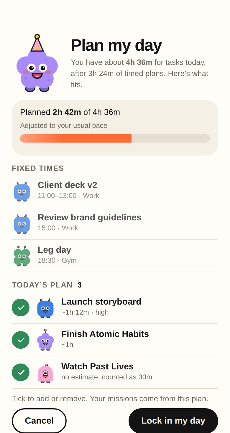 Plan my day: 2h 42m planned of 4h 36m, with fixed times and today’s plan