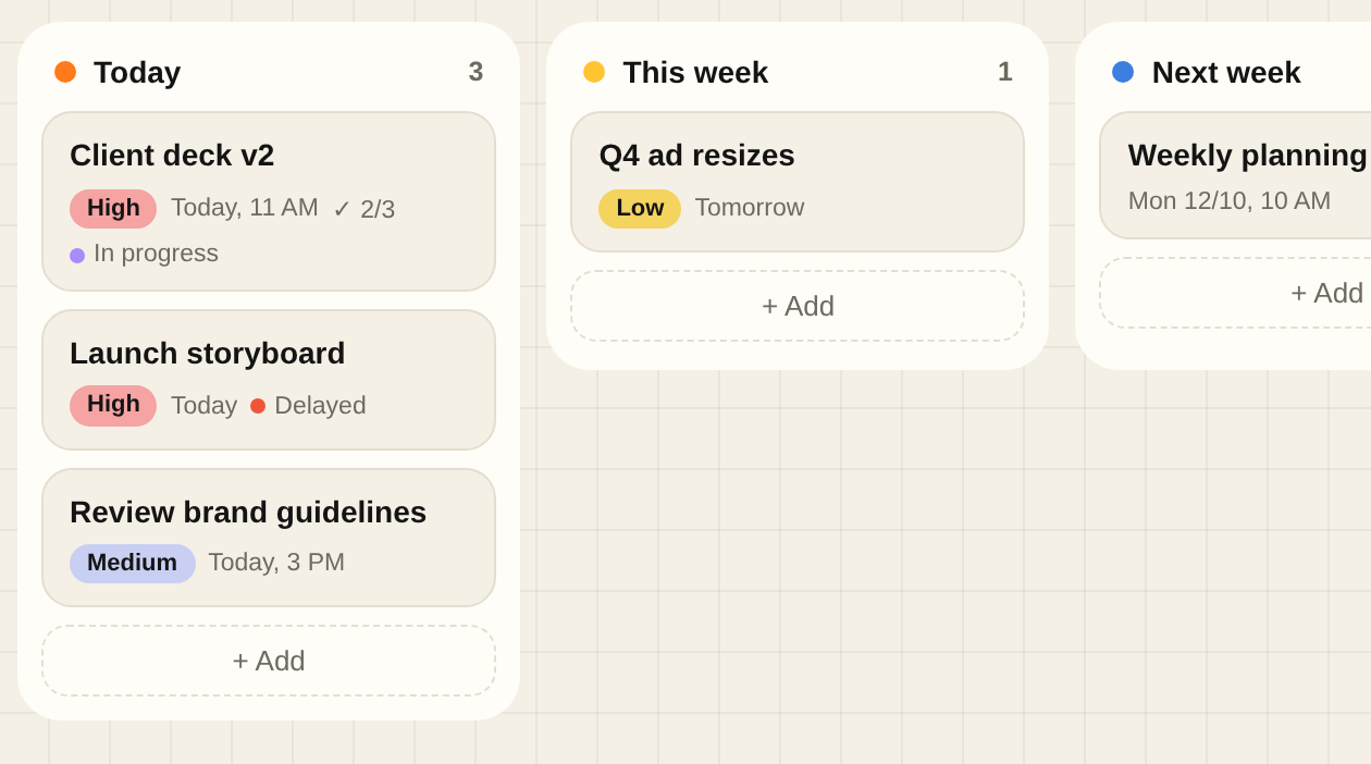 Tab board with Today, This week, Next week and Later columns