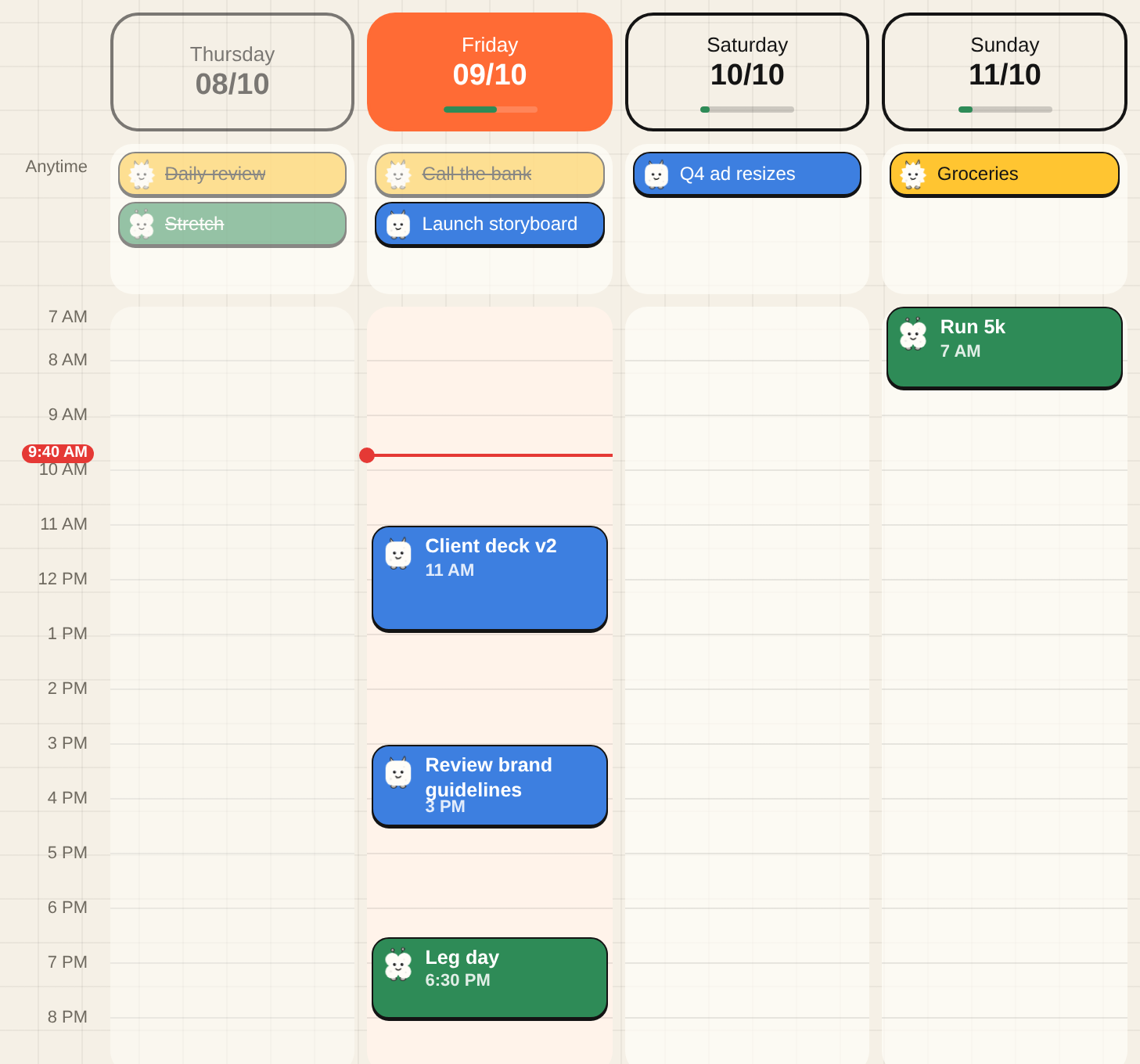 Week calendar with times down the side, a red line for now, and compact cards for each task