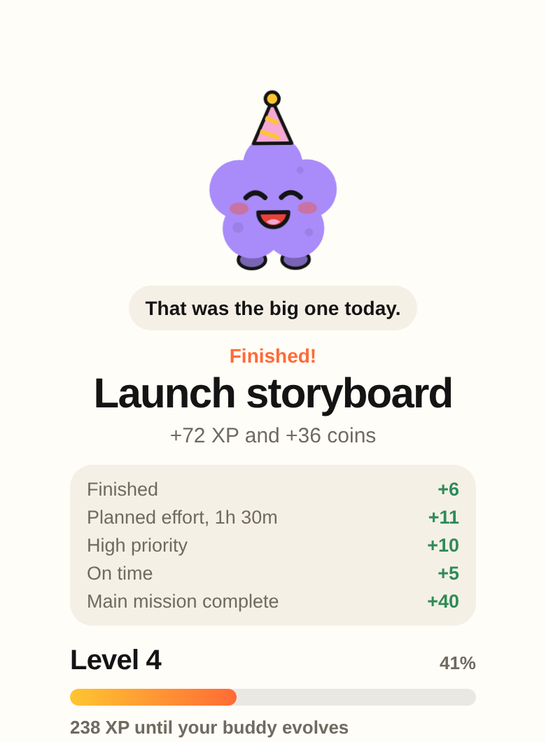 Finish card: Launch storyboard finished, +72 XP and +36 coins with the reasons, and level progress